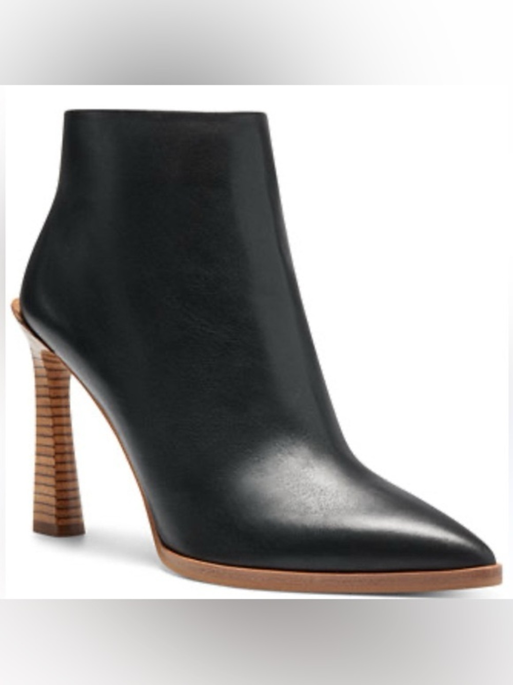 Vince Camuto Black Leather Pointed-Toe Ankle Boot with Stacked Wood Heel